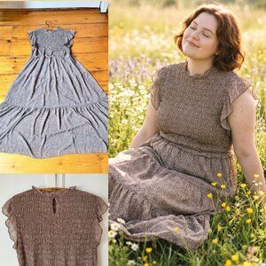 Brown Smocked Maxi Dress Floral Ruffle Boho Tiered Romantic Cottagecore